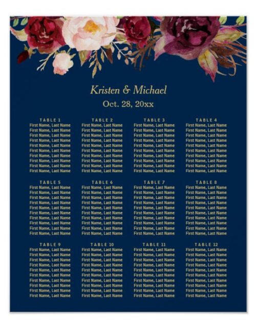 12 Tables Burgundy Floral Wedding Seating Chart
