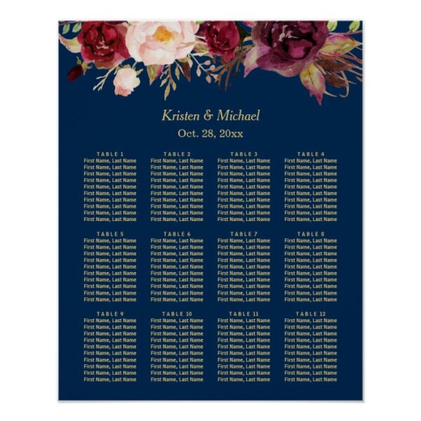 12 Tables Burgundy Floral Wedding Seating Chart