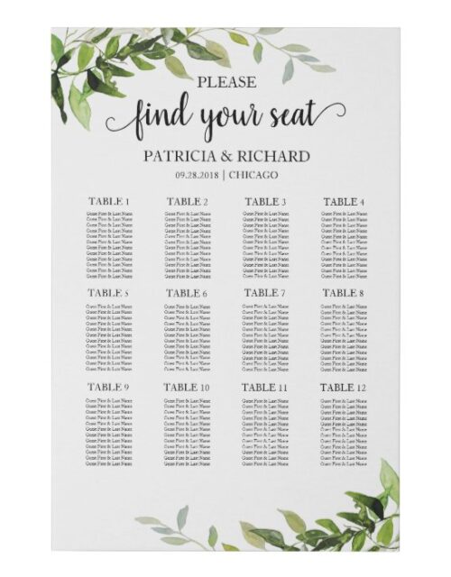 12 Tables Wedding Seating Plan Elegant Greenery Faux Canvas Print