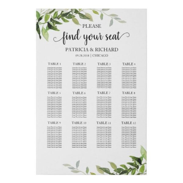 12 Tables Wedding Seating Plan Elegant Greenery Faux Canvas Print