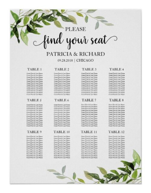 12 Tables Wedding Seating Plan Elegant Greenery Poster