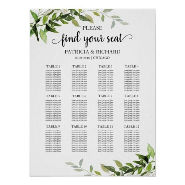 12 Tables Wedding Seating Plan Elegant Greenery Poster