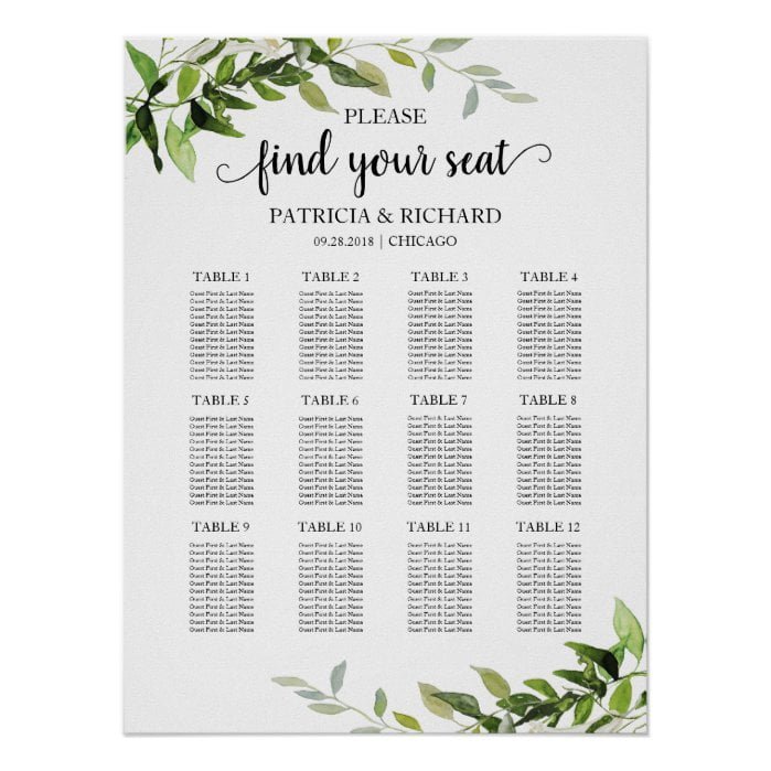12 Tables Wedding Seating Plan Elegant Greenery Poster