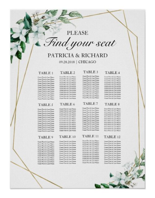 12 Tables Wedding Seating Plan Greenery Geometric Poster