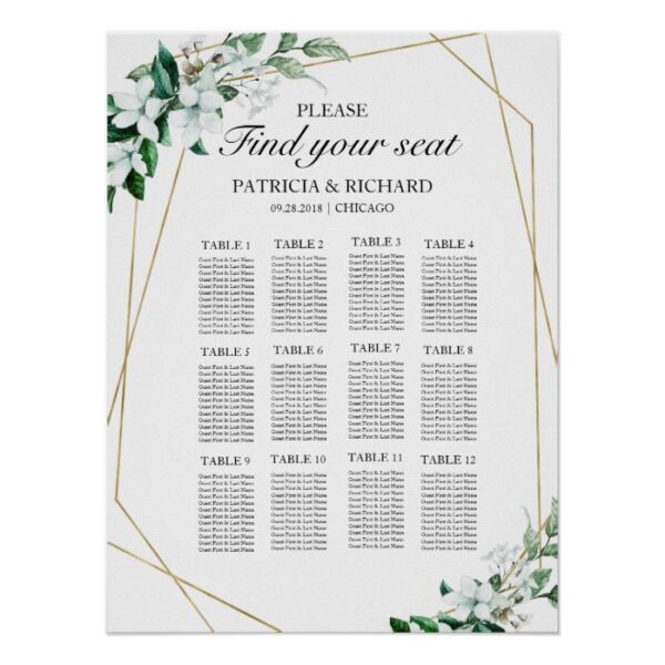 12 Tables Wedding Seating Plan Greenery Geometric Poster