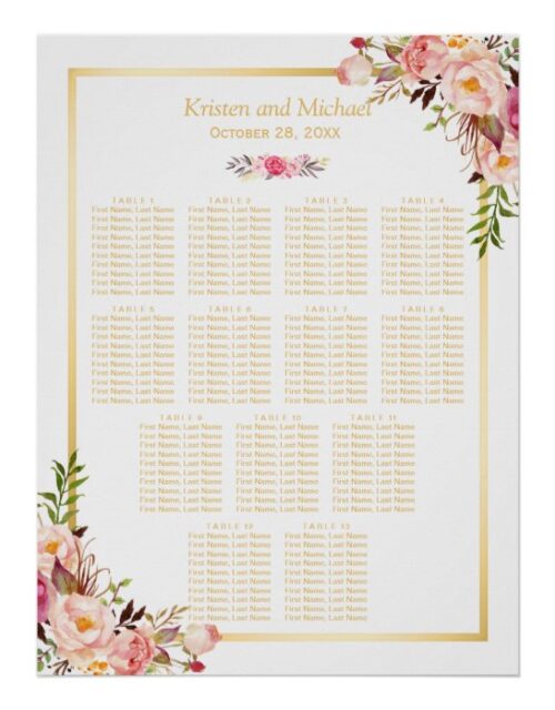13 Tables Wedding Seating Chart Classy Chic Floral
