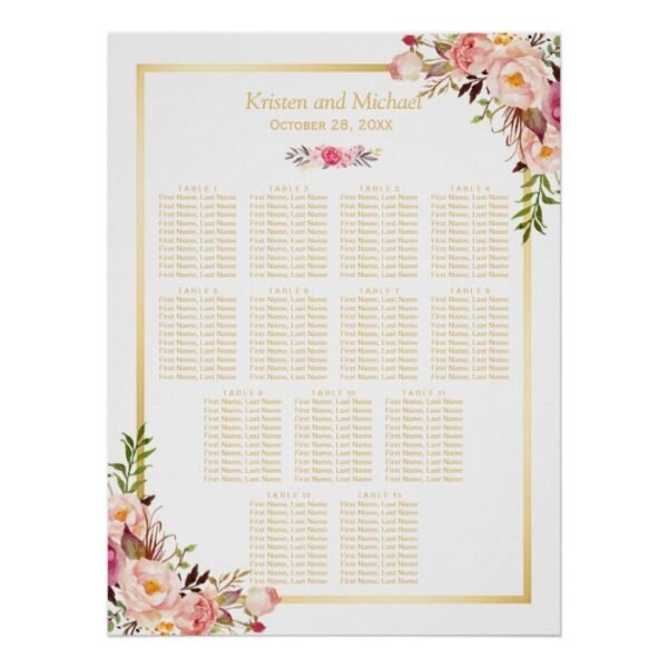 13 Tables Wedding Seating Chart Classy Chic Floral