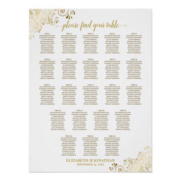 22 Table Wedding Seating Chart White & Gold Frills