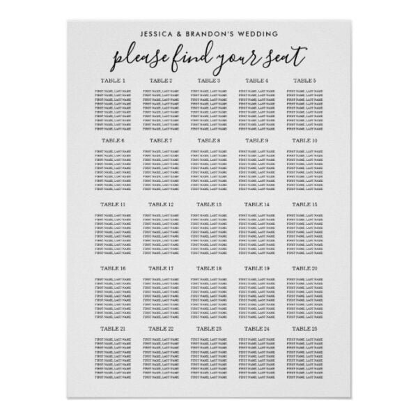 25 Table Large Wedding Guest Seating Chart