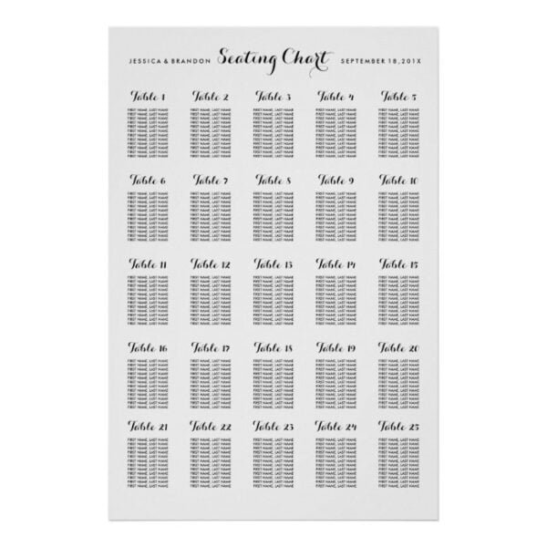 25 Table Large Wedding Seating Chart by Table