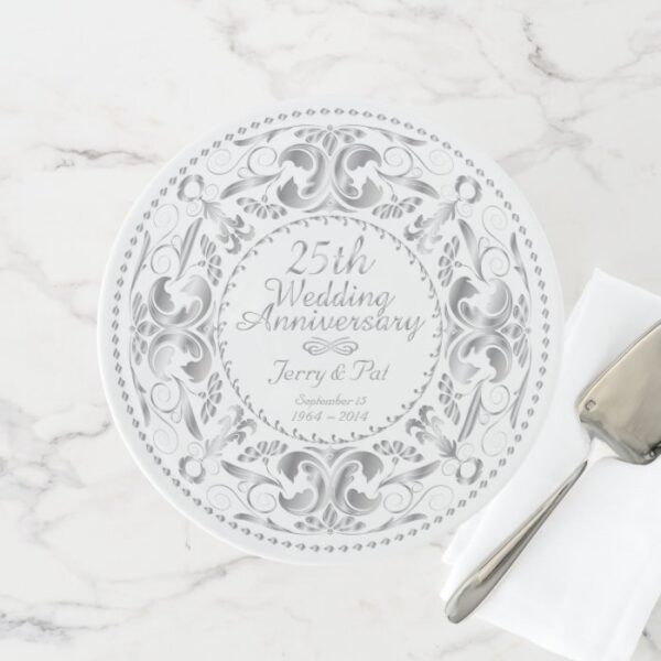 25th Wed. Anniversary Faux Silver Filigree Wreath Cake Stand