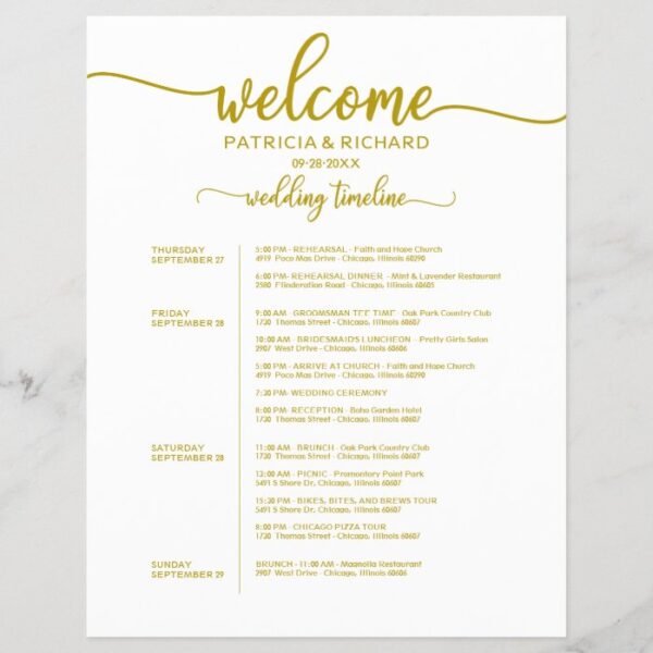 4 Days Wedding Weekend Itinerary Gold Timeline