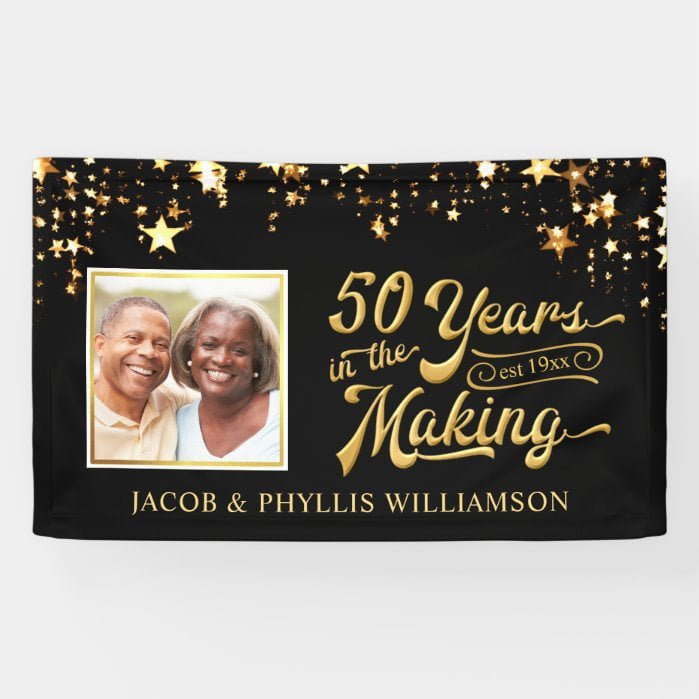 50 YEARS Golden Anniversary Photo Black Gold Stars Banner