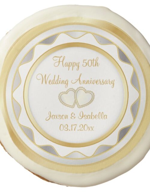 50th Gold and White Wedding Anniversary Sugar Cookie