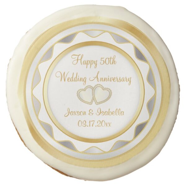 50th Gold and White Wedding Anniversary Sugar Cookie