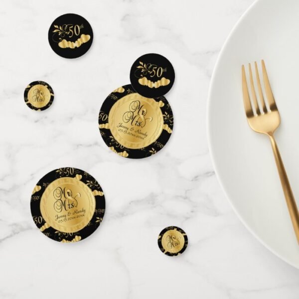 50th Golden Wedding Anniversary on Black Confetti