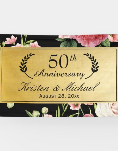 50th Wedding Anniversary Black Gold Vintage Floral Banner