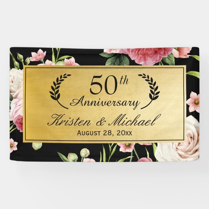 50th Wedding Anniversary Black Gold Vintage Floral Banner