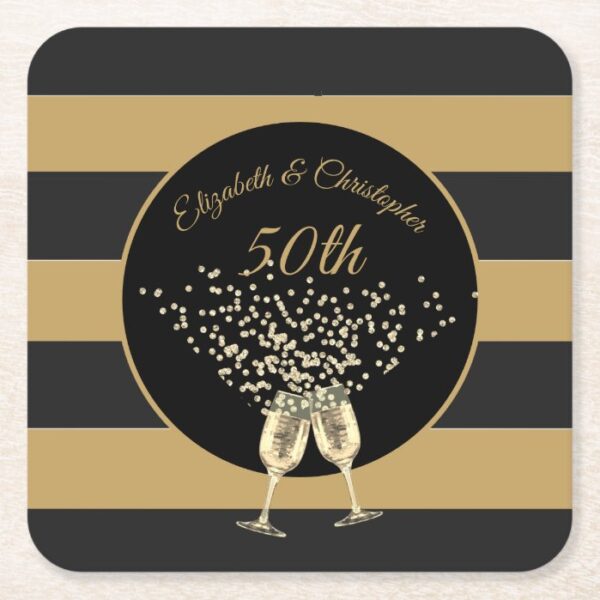 50th Wedding Anniversary Gold Black Stripe Elegant Square Paper Coaster