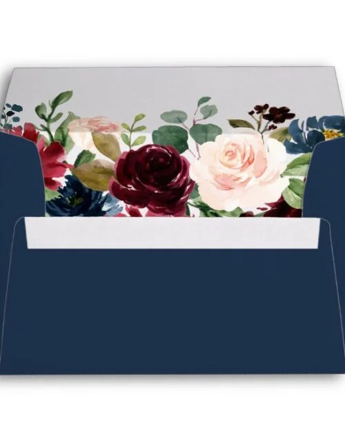 5x7 - Burgundy Blush Blue Floral & Return Address Envelope
