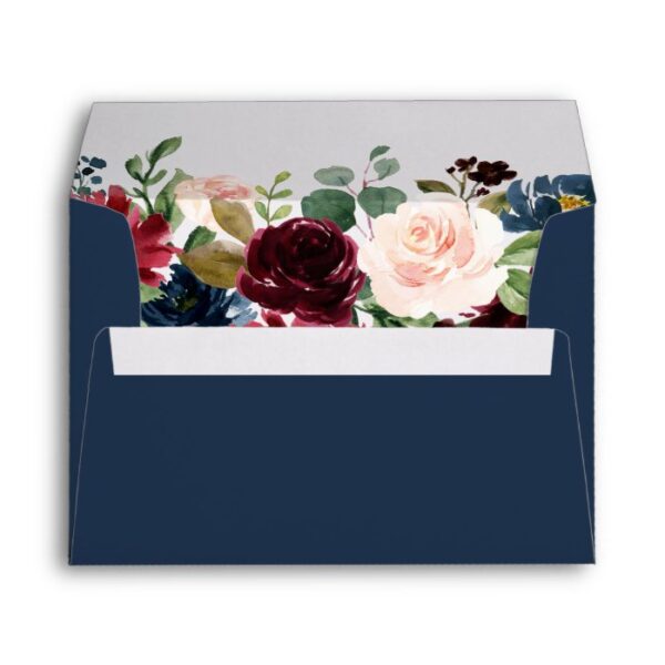 5x7 - Burgundy Blush Blue Floral & Return Address Envelope