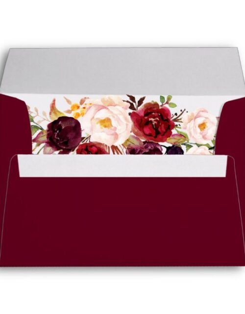 5x7 - Burgundy Marsala Red Floral & Return Address Envelope