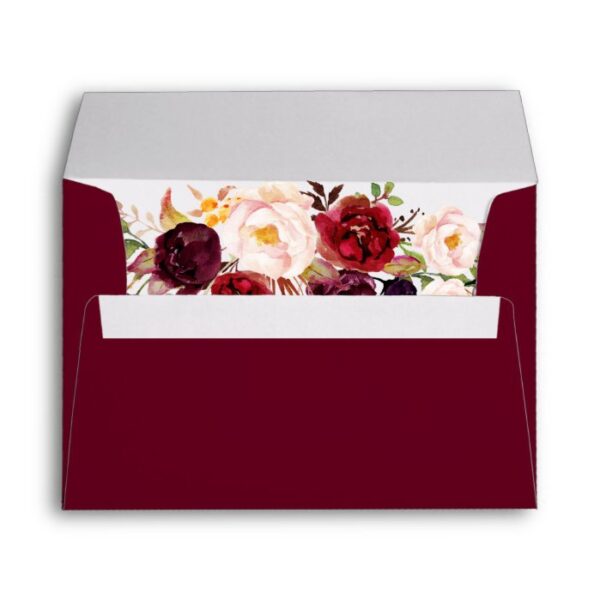 5x7 - Burgundy Marsala Red Floral & Return Address Envelope