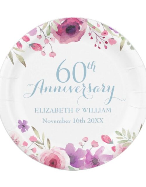 60th Anniversary Watercolour Roses Greenery Paper Plate
