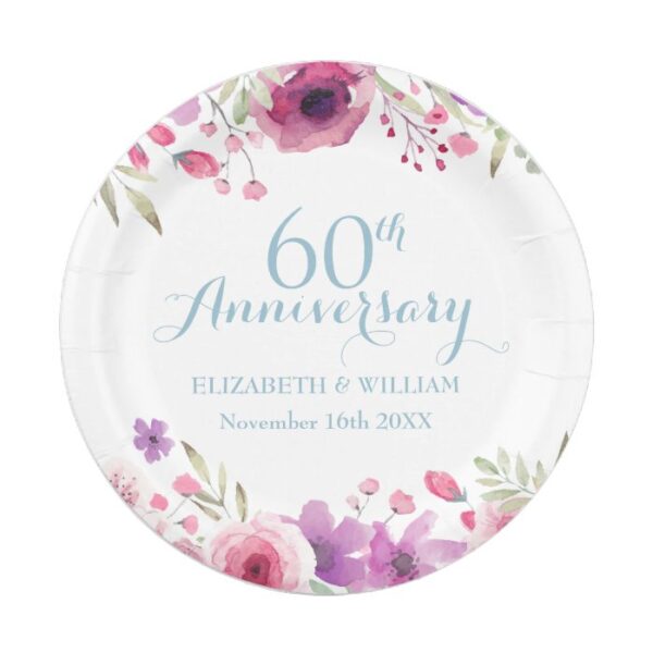 60th Anniversary Watercolour Roses Greenery Paper Plate