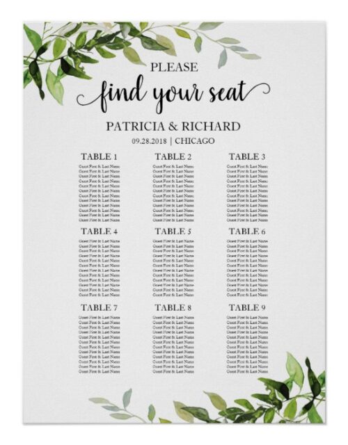 9 Tables Wedding Seating Chart Elegant Greenery