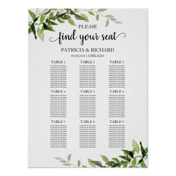 9 Tables Wedding Seating Chart Elegant Greenery