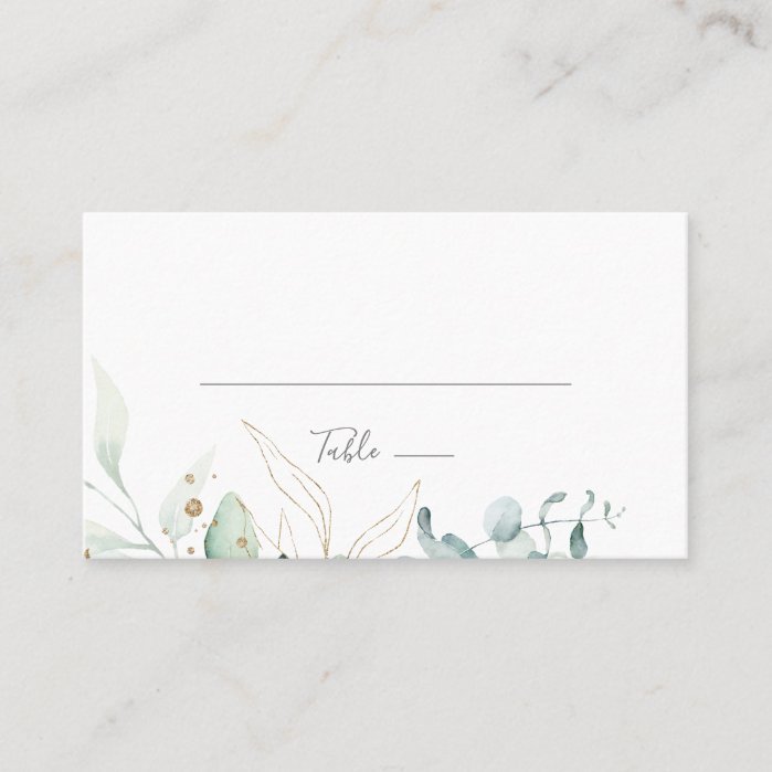 Airy Greenery and Gold Leaf Flat Wedding Place Card
