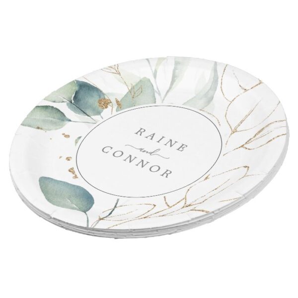 Airy Greenery and Gold Leaf Wedding Cake Paper Plate