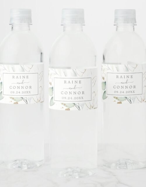 Airy Greenery and Gold Leaf Wedding Water Bottle Label