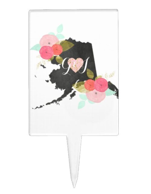 Alaska State Watercolor Floral Monogram Wedding Cake Topper