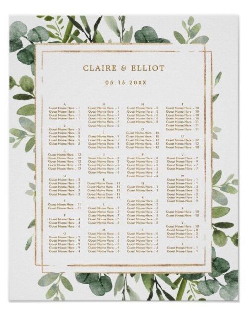 ALPHABETICAL ORDER Gold Greenery Wedding Seating Poster