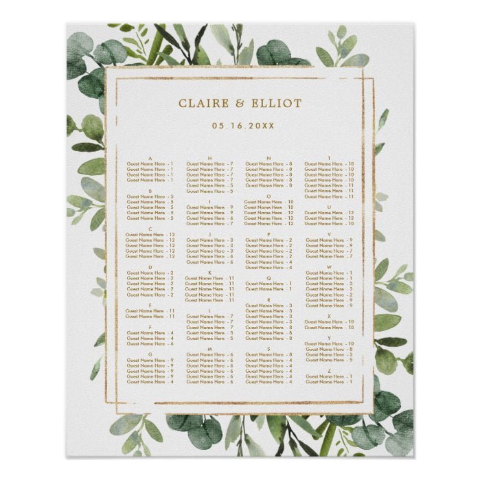 ALPHABETICAL ORDER Gold Greenery Wedding Seating Poster