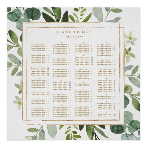 ALPHABETICAL ORDER Gold Greenery Wedding Seating Poster