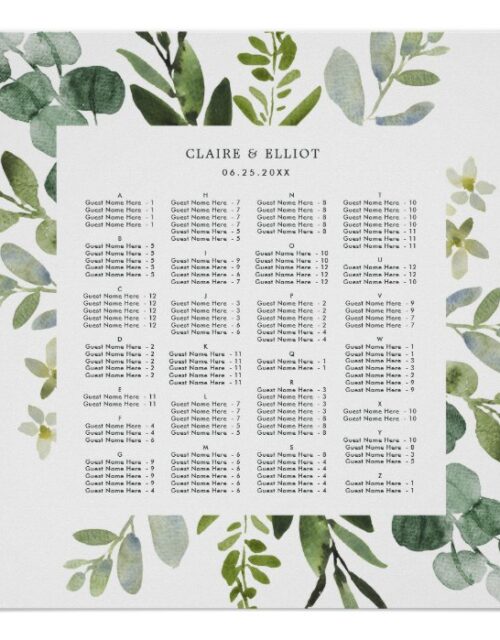 ALPHABETICAL ORDER Greenery Wedding Seating Chart