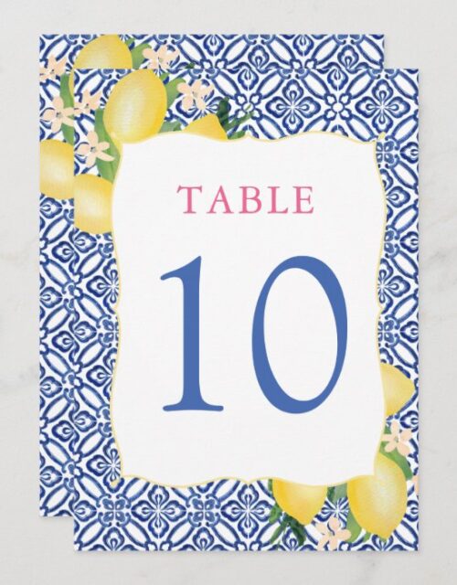Amalfi Watercolor Lemon Blue Tile 5x7 Table Number
