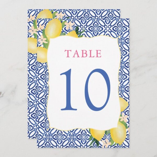 Amalfi Watercolor Lemon Blue Tile 5x7 Table Number