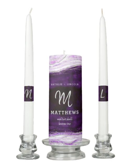 Amethyst Purple & Silver Geode Wedding Monogram Unity Candle Set