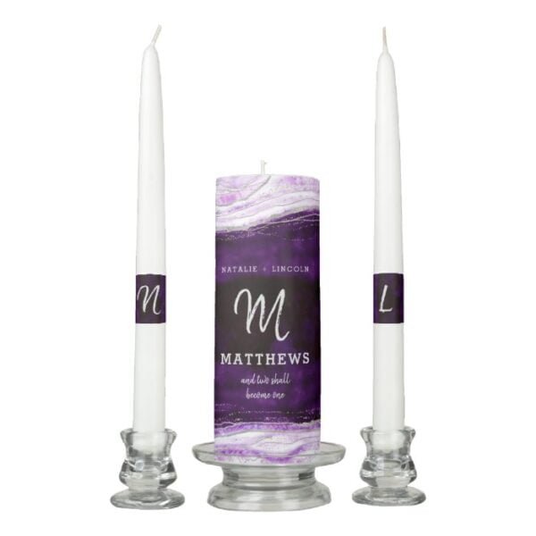 Amethyst Purple & Silver Geode Wedding Monogram Unity Candle Set