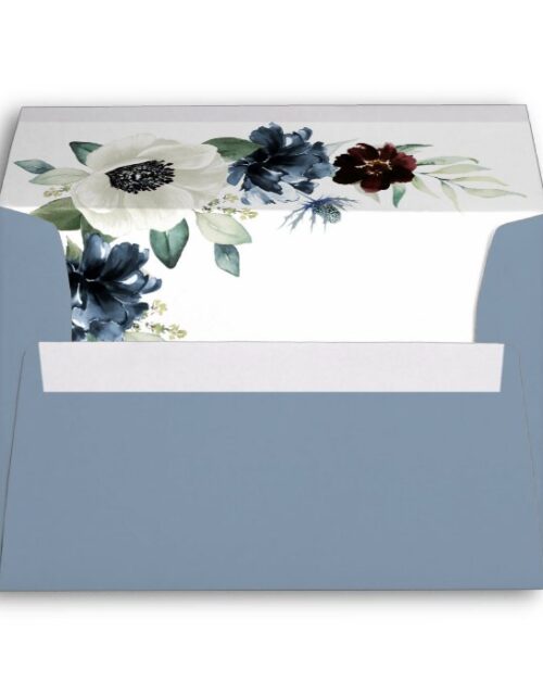 Anemone Dusty Blue Thistle Burgundy Floral Wedding Envelope