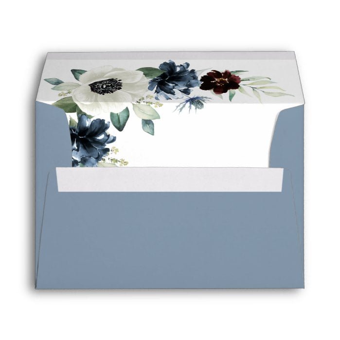 Anemone Dusty Blue Thistle Burgundy Floral Wedding Envelope