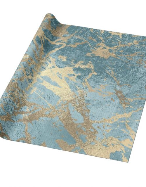 Aqua Blue Gold Marble Shiny Metallic Grungy VIP Wrapping Paper