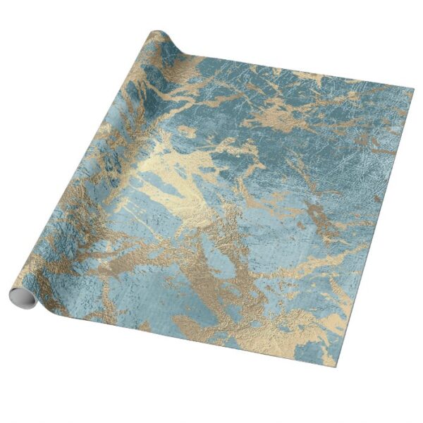 Aqua Blue Gold Marble Shiny Metallic Grungy VIP Wrapping Paper