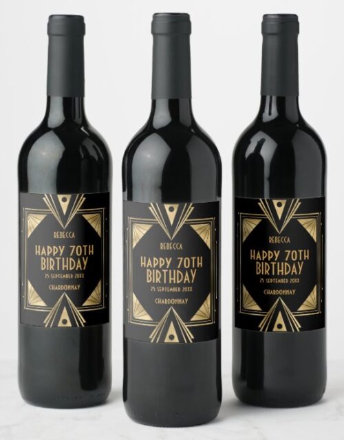 Art Deco Name Happy 70th Birthday Gold Black Wine Label