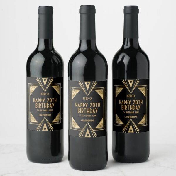 Art Deco Name Happy 70th Birthday Gold Black Wine Label