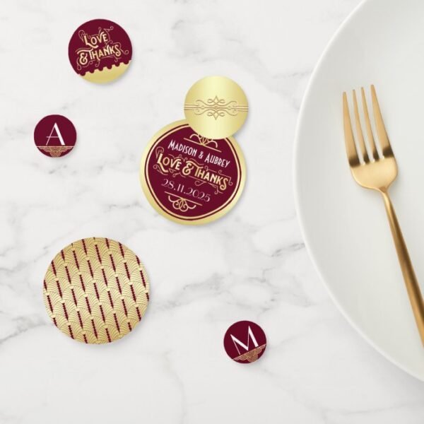 Art Deco Wedding Reception Dinner Gold Burgundy Confetti